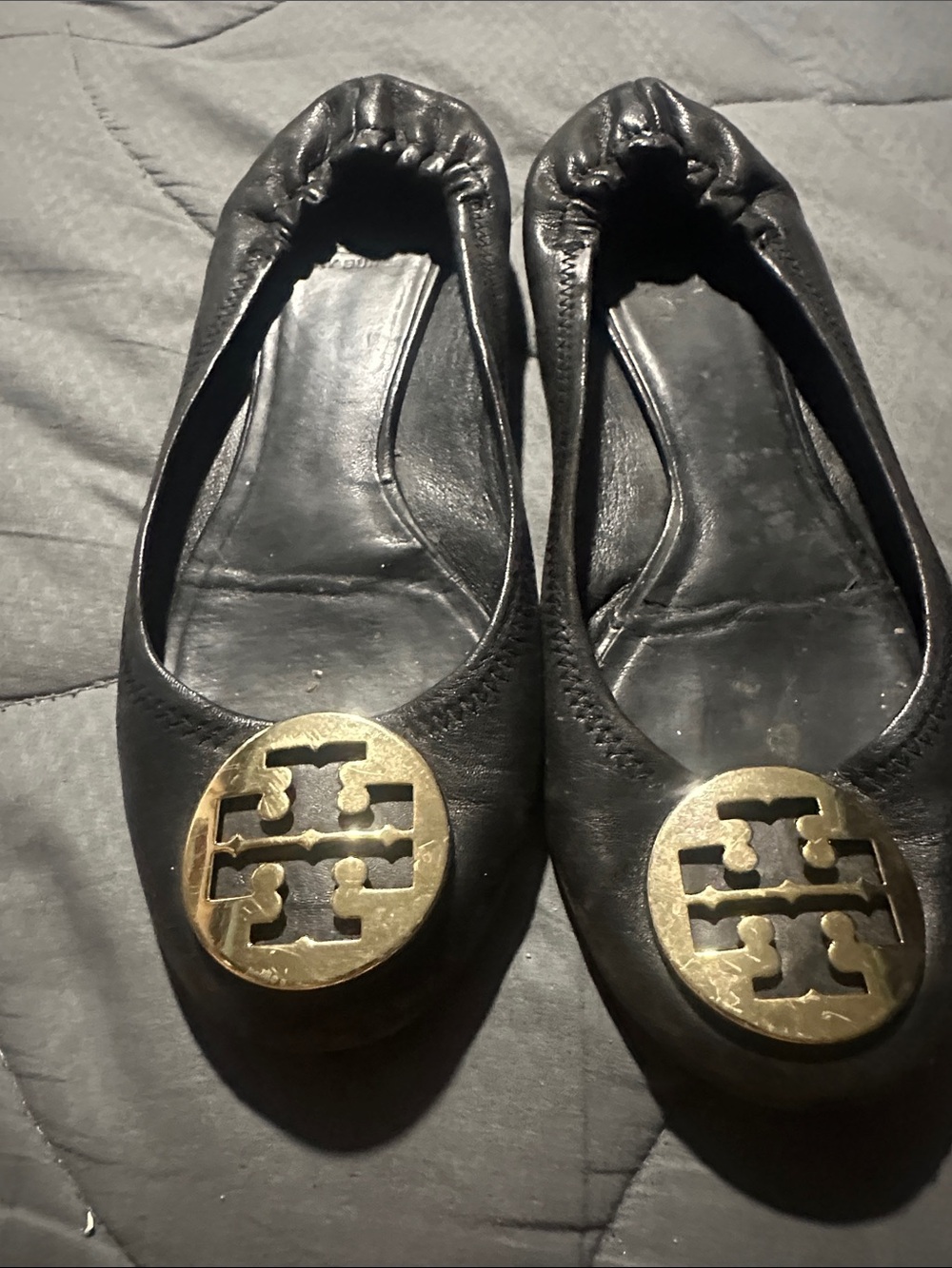 Tory Burch Black Leather Ballet Flats with Gold Logo Medallion
